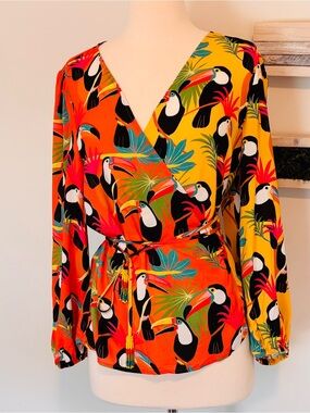 FARM Rio Anthropologie Tropical Toucan Wrap Blouse M